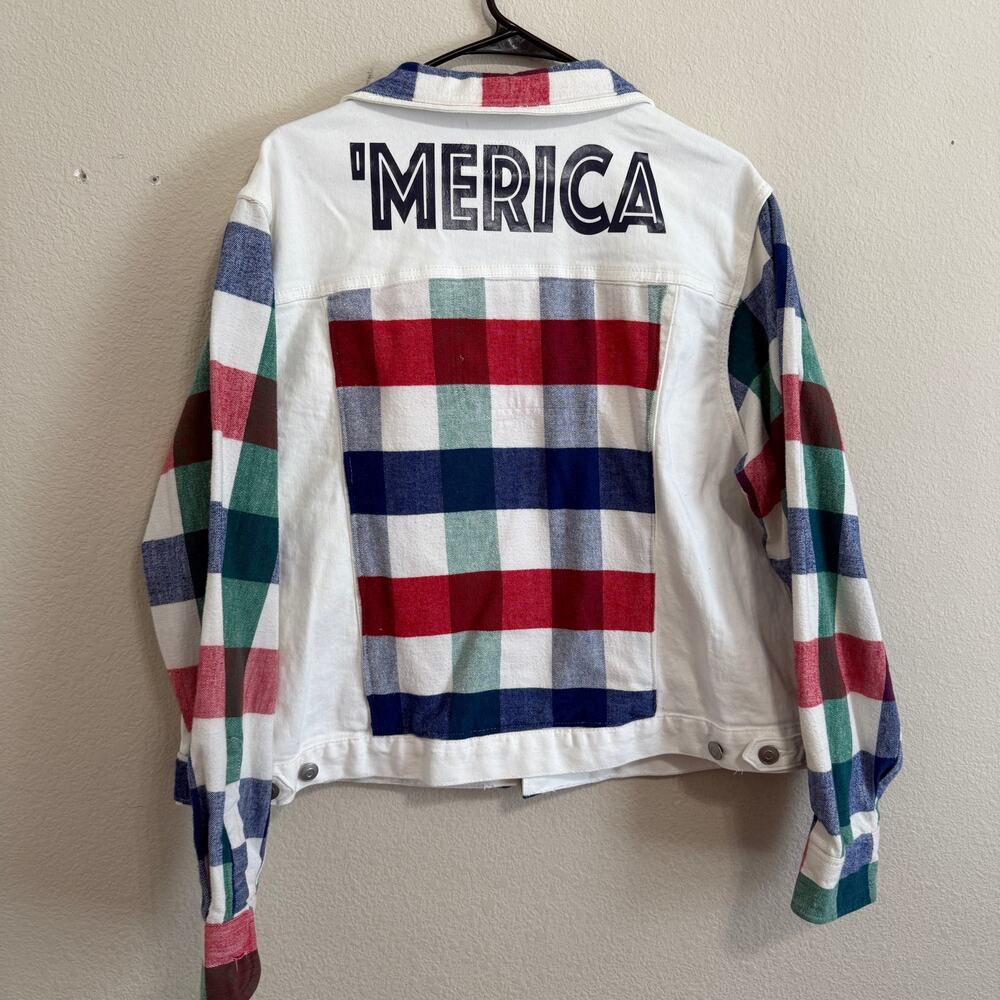 Upcycled Unisex White Denin Trucker Jacket W/Patriotic Flannel & Graphic  XXXL